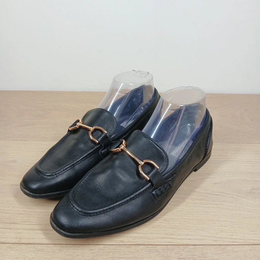 Steve Madden Loafers Women 9 Carrine Black Leather Gold Horsebit Flat Shoes